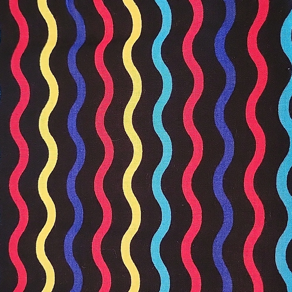 Modern wavey print fabric bold colors on black background - 1.0  yd